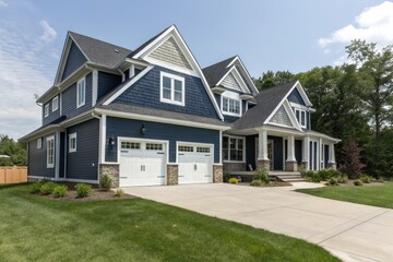 Modern Blue Two-Story House with White Trim