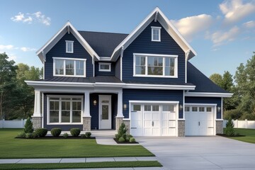 Fototapeta premium Modern Blue Two-Story House with White Trim