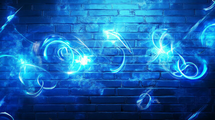 Fototapeta premium Futuristic blue neon spiral on smooth light brick wall for modern design