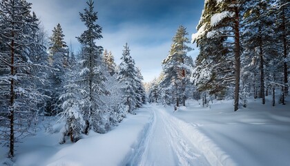 Fototapeta premium snowy trail through the forest in venabygd fjell norway