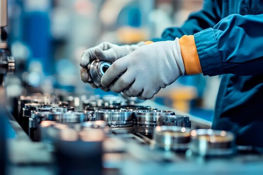 A worker in blue gloves skillfully assembles metal components on a production line in a busy factory. The focus is on precision and attention to detail