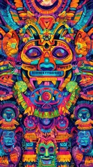 Vibrant Aztec Mask Digital Art Colorful Psychedelic Tribal Pattern