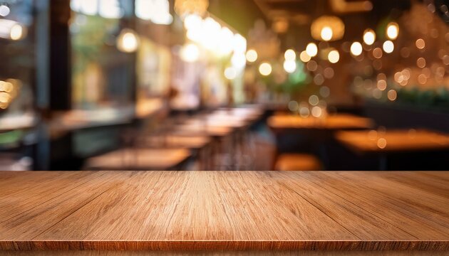 empty wood table top and blurred coffee shop and restaurent interior background can used for display or montage your products