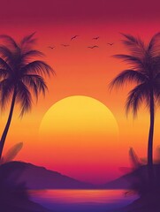 Tropical sunset with palm trees and birds over the ocean
