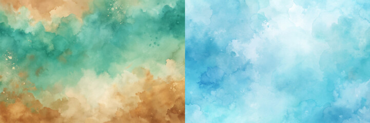 The two paintings are of a beach scene with blue and green colors. The blue color is dominant in the right painting, while the green color is dominant in the left painting