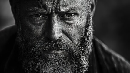 portrait of a man with a rugged beard, intense eyes, dramatic lighting, outdoor setting, close-up, black-and-white photography, powerful emotions