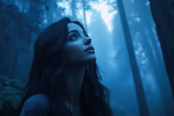 A young woman with long dark hair gazes upward in a misty, blue-tinged forest.