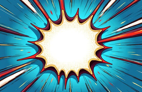 Abstract comic book style background with cloud explosion. Blue, red, white colors. Cartoon design with copy space. Vibrant dynamic energetic playful whimsical bold striking graphic retro pop art