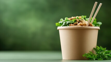The image features a fresh salad in a recyclable takeout container, highlighting a healthy and eco-conscious dining option for today's environmentally aware consumers.