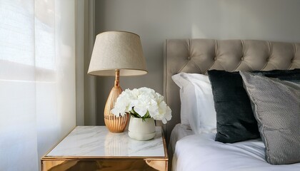 close up of a chic marble nightstand beside a bed featuring a brass lamp and decorative white flowers enhancing the bedroom s decor