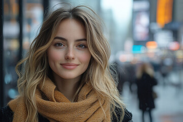 Fototapeta premium Young woman smiling in a vibrant urban setting with blurred city background