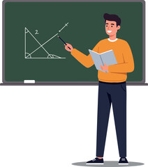 A male teacher in an orange sweater explaining geometry concepts on a chalkboard, showcasing a flat design style in vibrant colors, vector illustration
