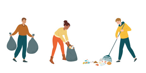 Set of three volunteers collecting trash with bags and rake, promoting environmental awareness, teamwork, and community cleanup efforts. People characters isolated on transparent background. Vector.