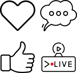 Social Media & Live Streaming Icons - Heart, Comment, Like, and Live Vector Set