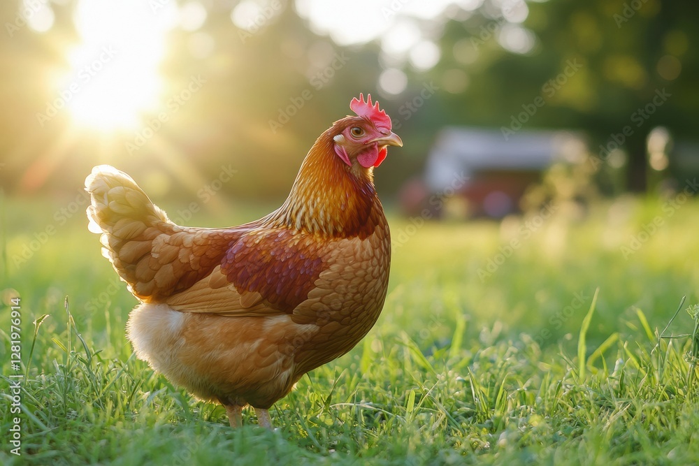 Poster Golden light shines on a brown chicken standing gracefully in a verdant field during late afternoon in a rural setting. Generative AI