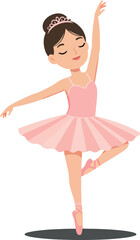 Young ballerina in a pink tutu performing a graceful pose with a joyful expression, minimalistic and joyful flat vector art