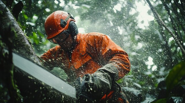 Amidst a thriving rainforest, an arborist clad in bright safety gear diligently trims tree branches, demonstrating expertise and commitment to safe practices in a vibrant natural setting.