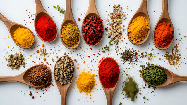 A vibrant array of exotic spices in wooden spoons, a captivating culinary journey showcasing earthy tones and warm hues against a clean white backdrop.