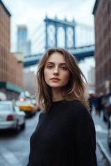Fototapeta premium Woman standing confidently on a busy street with a bridge in the background on a sunny day