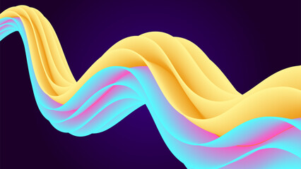 A futuristic abstract wave design featuring smooth, flowing, three-dimensional curves in vibrant shades of blue and yell. The undulating ribbons create a sense of fluidity and movement, set against a 