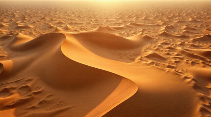 A sandy desert with a large sand dune. The sand is brown and the dune is curved.