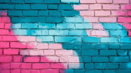 Fototapeta premium Vibrant teal and pink painted brick wall texture for creative design