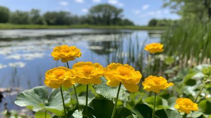 A close-up of a marsh marigold bloom, with its round yellow petals glistening in the sunlight