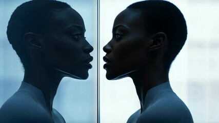 Woman reflecting in window, blue light, indoor setting
