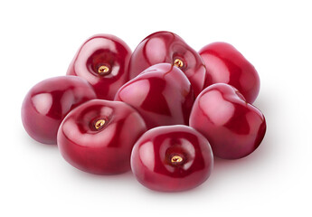 Pile of glossy cherry fruits with no stems isolated on white background