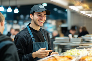 Smiling server assisting customers at a bustling food service station in a casual dining setting