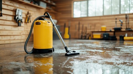 A bright yellow vacuum cleaner stands on a wet garage floor, showcasing its robust design and utility, perfect for cleaning various surfaces in your home or workspace.