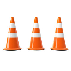 3 traffic cones isolated on transparent background