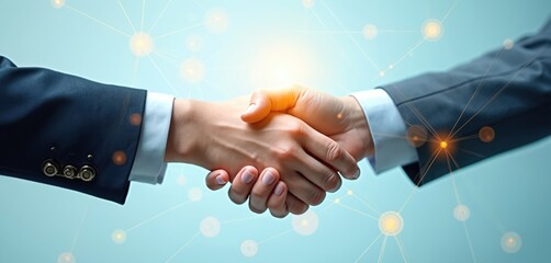 Business people hands shaking with tech network connection over blue. Teamwork, partnership for global success. Pro corporate handshake, marketing deal, client support, contract with social web,