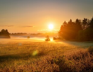 Obraz premium a peaceful landscape with the golden glow of the sun rising over a misty field