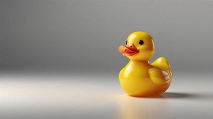 A bright yellow rubber duck with an orange beak stands on a light colored surface, against a gray background.