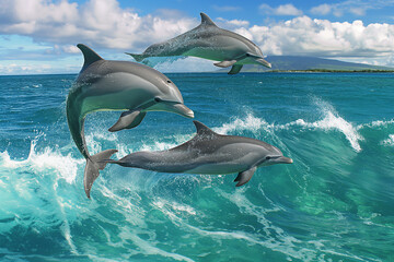 Obraz premium A vibrant scene of playful dolphins leaping gracefully over turquoise breaking waves in the crystal-clear waters of the Pacific Ocean,
