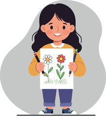 Cheerful girl in yellow sweater holding colorful flower drawings in a minimal style vector illustration