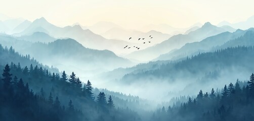 Watercolor foggy mountain landscape with trees silhouette in early morning. Flock of birds fly over hills in misty valley. Serene nature scene with forest background illustration.