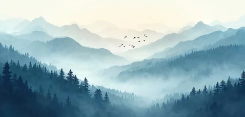 Fototapeten Watercolor foggy mountain landscape with trees silhouette in early morning. Flock of birds fly over hills in misty valley. Serene nature scene with forest background illustration. © Vadym