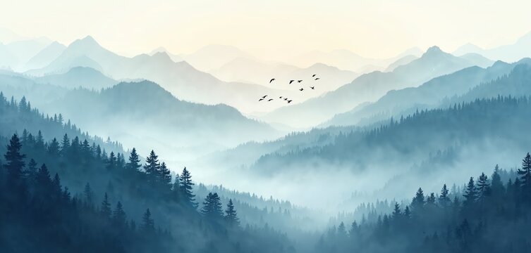 Watercolor foggy mountain landscape with trees silhouette in early morning. Flock of birds fly over hills in misty valley. Serene nature scene with forest background illustration.