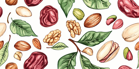 Nut seamless pattern. Nuts in linear flat style. Hazelnuts, pistachios, almonds, walnuts, pecans, peanuts. Printable template. Vector illustration.