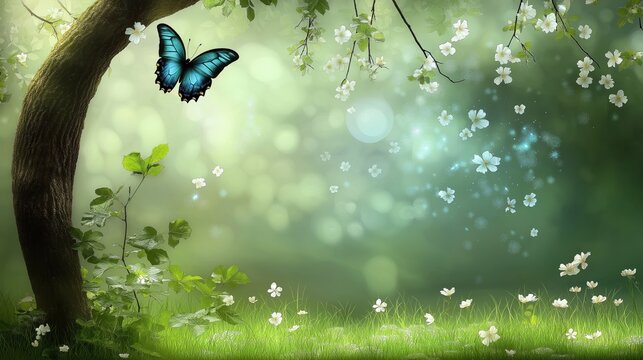 The first day of spring in a cheerful meadow, where colorful wildflowers bloom, butterflies fly, and the sun shines brightly on the fresh green grass.