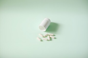 White supplement bottle, pills on green background. Top view flat lay trendy product presentation. Empty container ready for branding