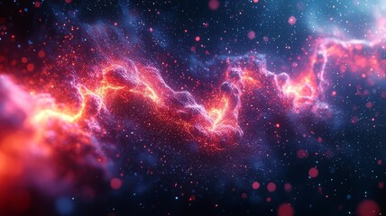 Naklejka premium Vibrant cosmic nebula with swirling colors and glowing particles, evoking a sense of wonder and exploration in the universe.