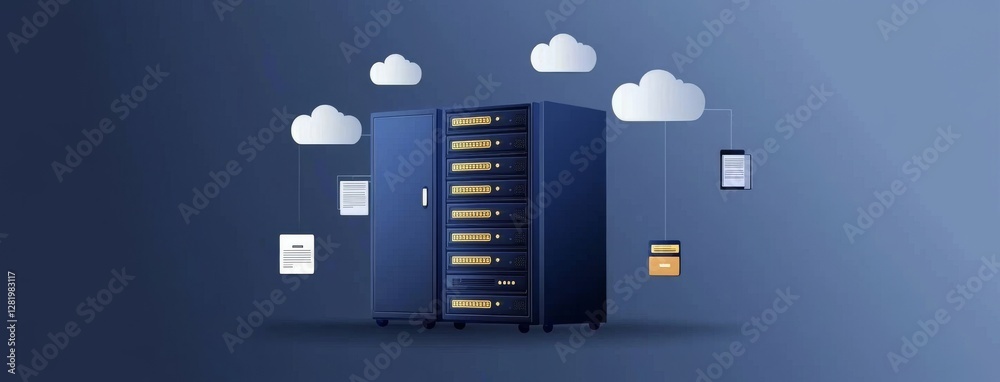 Poster the concept of cloud computing is depicted in an internet data center room filled with servers and n