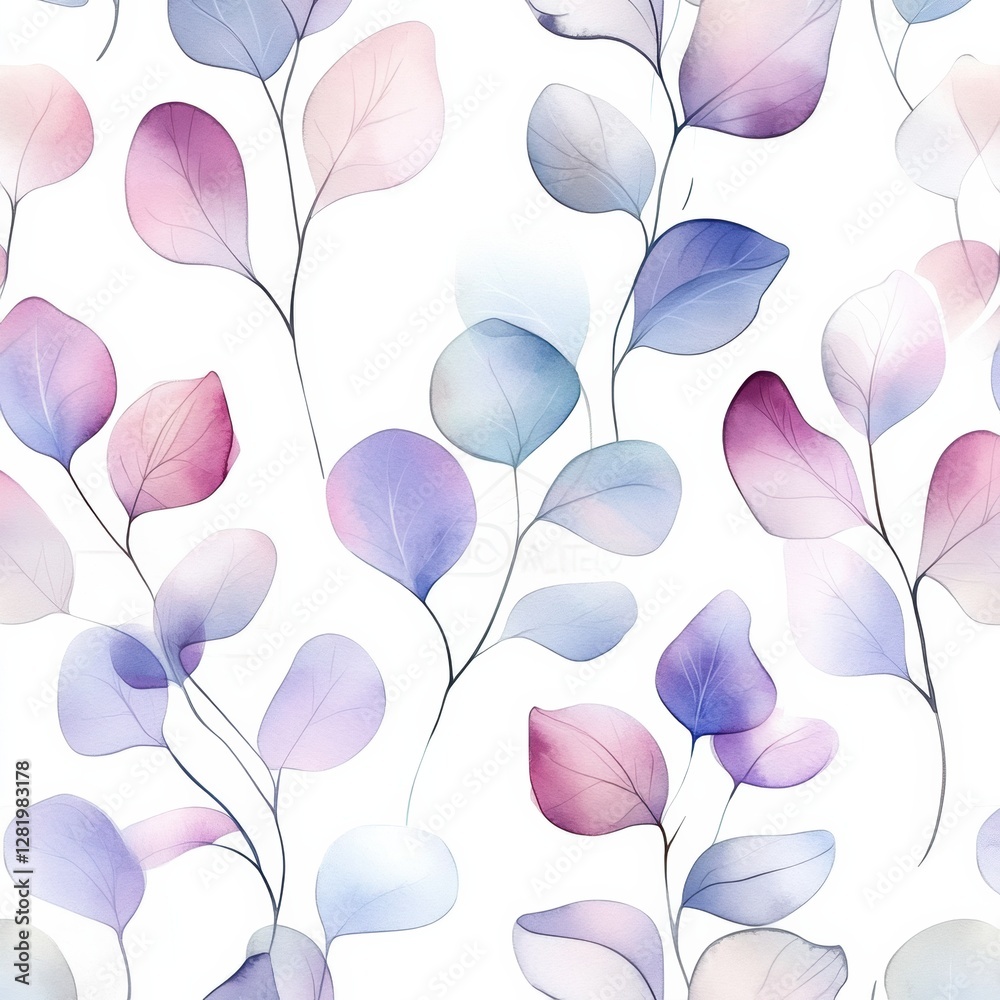 Poster Soft watercolor leaves in shades of purple and pink create a calming atmosphere for any setting or project. Generative AI