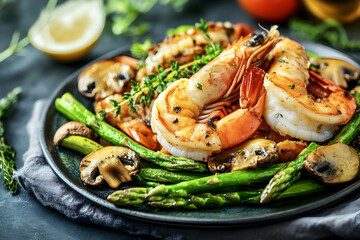 Gourmet Fine Dining Seafood Dish Featuring Seared Shrimp with Asparagus, Mushrooms, and Rich Sauce, Elegant Plating, Perfect for Upscale Cuisine.