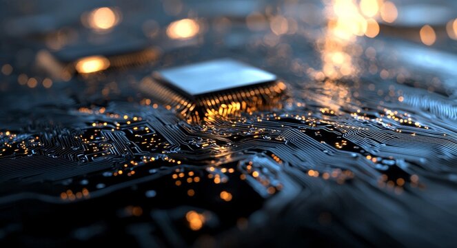 The technological background of an abstract computer motherboard is suitable for describing technological processes and scientific concepts, and can also serve as a dynamic digital wallpaper