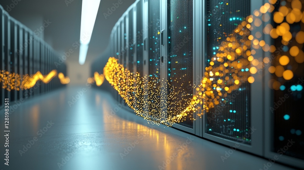 Poster rows of rack servers in a working data center are connected with lines visualizing their ethernet co