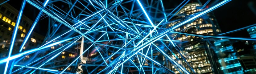 The city is filled with busy technology connectivity in a blue tone